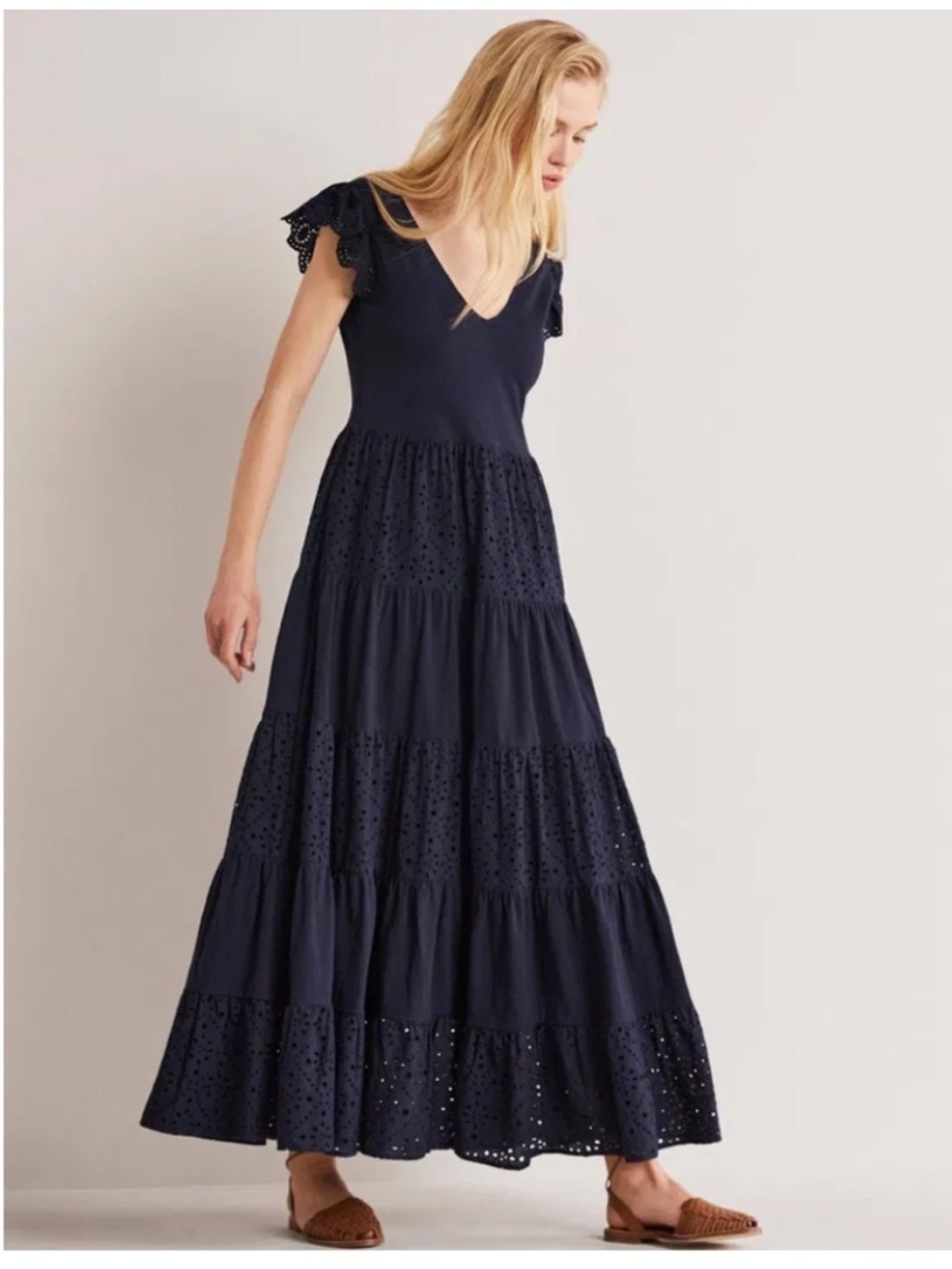 New Boden Broderie Mix Jersey Maxi Dress Sz 14 Navy Eyelet